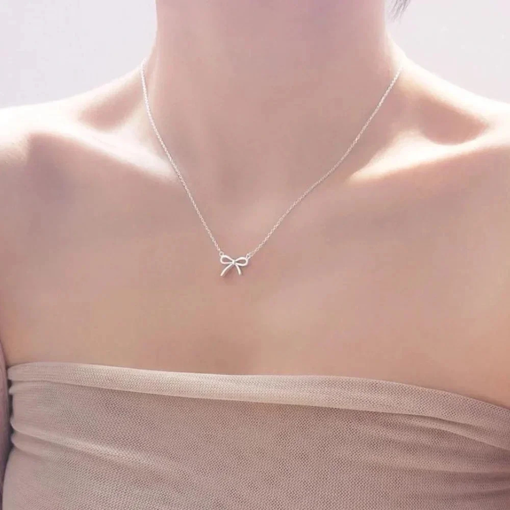 925 Sterling Silver Dainty Bow Pendant Necklace